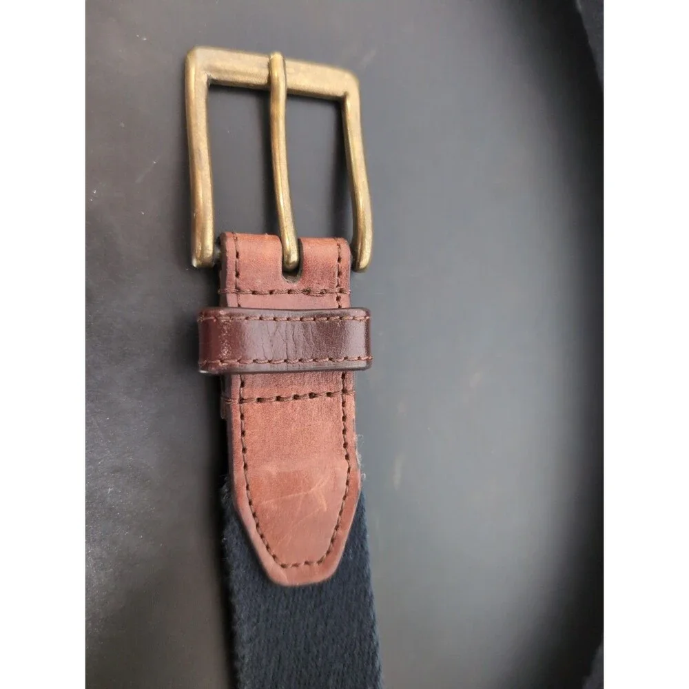 VINTAGE L.L.BEAN Navy Web Belt Sz 30 Brown Leather Solid Brass Buckle Made USA
